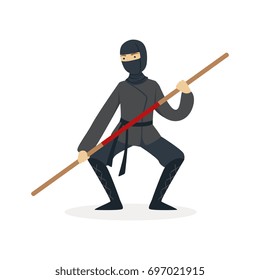 Espectador de arte marcial japonés, personaje asesino con disfraz negro completo luchando con espada de entrenamiento de bambú en su mano. Ilustración