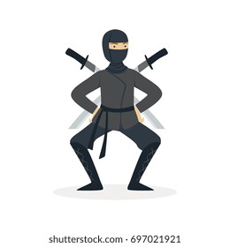 Ninja assassin character in a full black costume standing in a combat pose with katana swords behind his back, Japanese martial art vector Illustration