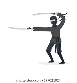 Ninja assassin Charakter in einem vollen schwarzen Kostüm Kampf mit Katana Schwertern, japanische Vektorillustration für Kampfkunst Illustration