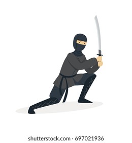 Ninja assassin character in a full black costume standing in a combat pose with katana sword, Japanese martial art vector Illustration