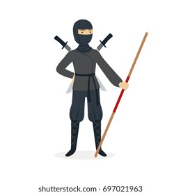 Ninja assassin character in a full black costume standing with katana swords behind his back and bamboo training sword in his hand, Japanese martial art vector Illustration