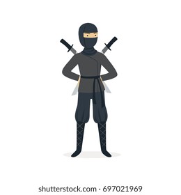 Ninja assassin-Figur in einem schwarzen Kostüm, das hinter seinem Rücken mit Katana-Schwertern steht, Illustration zur japanischen Vektorillustration der Kampfkunst
