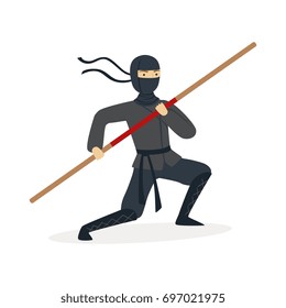 Ninja assassin Charakter in einem vollschwarzen Kostümtraining mit Bambusschwert in der Hand, japanische Vektorillustration der Kampfkunst Illustration