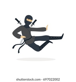 Ninja assassin character in a full black costume jumping with katana swords behind his back, Japanese martial art vector Illustration