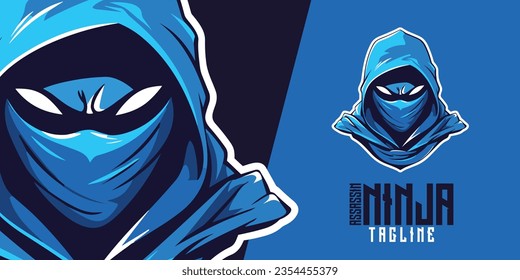 Ninja Assassin ilustrado en llamativo azul: Logotipo, mascota, ilustración, vector gráfico para equipos deportivos y deportivos electrónicos, jefe de una mascota Ninja letal
