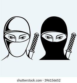 Ninja assassin. Isolated on blue background. Vector silhouettes