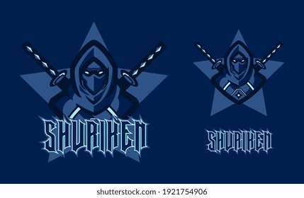 Ninja Assassin mascot logo game for sport and e-sport team illustration. Knight ninja with two swords on blue background. Professional gamer template design element for logo e-sport gaming team squad