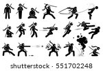 Ninja assassin movement and fighting skills with Japanese weapon sword and shuriken to attack. The ninja also uses ninjutsu technique to summon fire and cast smoke grenade. Kamikaze when he fails.