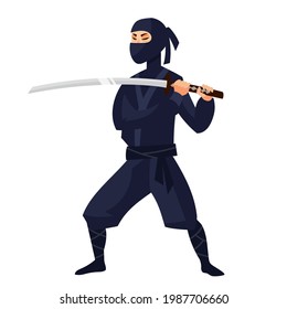 Ninja en el ataque. Personaje japonés al estilo de las caricaturas.