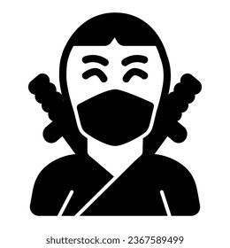 Ninja, avatar of man in mask with two sword solid icon, asian culture concept, fighter vector sign on white background, glyph style icon for mobile concept and web design. Vector graphics