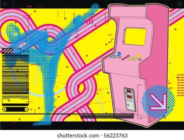 Ninja beat-em-up fighting arcade in yellow & pink.