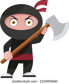Ninja with big axe, illustration, vector on white background.