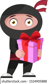 Ninja with birthday present, illustration, vector on white background.