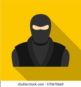 Ninja in black clothes and mask icon. Flat illustration of ninja in black clothes and mask vector icon for web   on yellow background