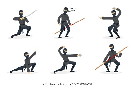 Ninja in black clothes and mask. Set of vector illustrations.