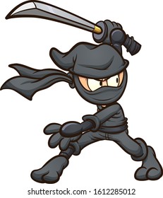 Ninja con atuendo negro golpeando una pose con dibujos animados de katana. Ilustración de imágenes prediseñadas vectoriales con gradientes simples. Todo en una sola capa.
