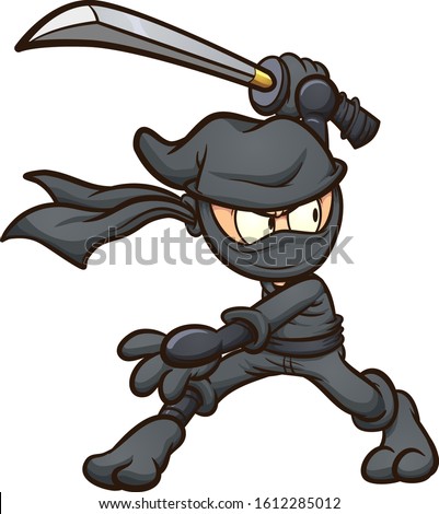 Ninja in black garb striking a pose with katana cartoon. Vector clip art illustration with simple gradients. All in a single layer.
