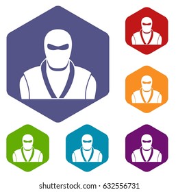 Ninja in black mask icons set hexagon isolated vector illustration