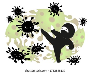 A ninja in a black suit beats a coronavirus on a light background. Symbol of victory over сovid-19. Image in kawaii style. EPS10 vector illustration