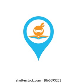 Plantilla de diseño del logotipo de la forma del pin de forma del mapa del libro Ninja. Icono vectorial del logotipo del libro ninja