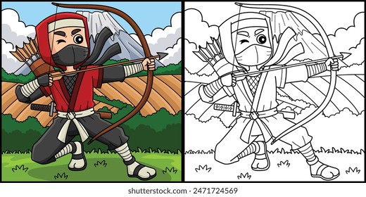 Ninja con arco y flecha para colorear ilustración