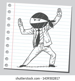 Ninja businessman. Businessman fighter showing ninja techniques.