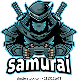Ninja carries samurai on his shoulders holding game console. 3D Illustration.