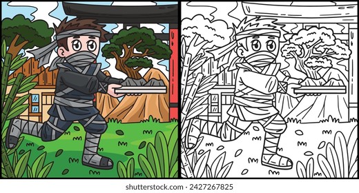 Ninja Carrying Bonsai Coloring Page Illustration