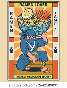 a ninja carrying ramen. the japanese proverb mean 'delicious'