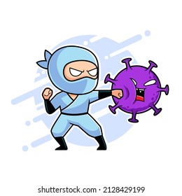 Ninja cartoon character fight virus concept vector illustration