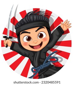 Ninja Cartoon Character with Red Rays in Japanese Style illustration