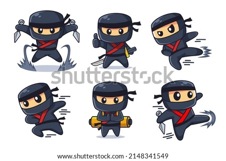 Ninja Cartoon Character in Various Poses Set