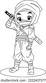 Ninja cartoon outline coloring page isolated on white background