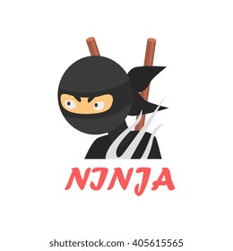 Ninja Cartoon Style Flat Vector Illustration On White Background With Text