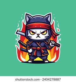 NINJA CAT ILLUSTRATION VECTOR IN RED, WHITE, DEEP BLUE, BLACK, ORANGE AND YELLOW WITH SEA GREEN BACKGROUND