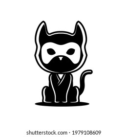 ninja cat sitting in black and white pose with highlight, simple cat logo icon.
