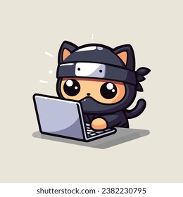 Ninja cat using laptop on table cute isolated vector illustration icon concept