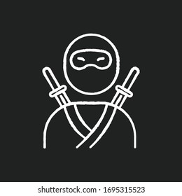 Ninja chalk white icon on black background. Traditional japanese fighter. Asian assassin in mask and costume. Samurai with two katanas. Mercenary with sword. Isolated vector chalkboard illustration