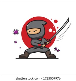 Ninja Charakter kämpfen Viren. Perfekt zum Drucken auf Aufkleber, T-Shirt, etc.