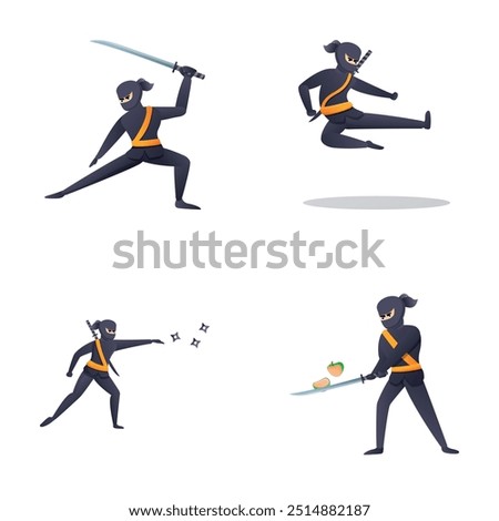 Ninja character icons set cartoon vector. Ninja character in fighting pose. Asian character in mask
