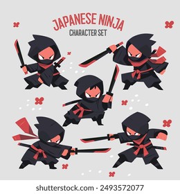 Ninja character set Vector illustration. fighting poses, Fighting, character design for sticker, t-shirt and logo design