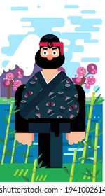 Ninja characters on the background of traditional Japanese landscape, mountain, river, bamboo, flat style vector illustration isolated
