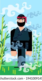 Ninja characters on the background of traditional Japanese landscape, bamboo, flat style vector illustration isolated