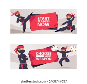 Ninja characters showing different actions vector illustration. Cartoon serious ninja with sword banners. Start training now. Choose your weapon. Men with nunchaku or karate sticks.