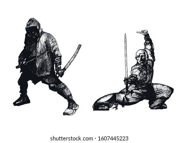 Ninja Characters Wearing Mask and Standing in Fighting Pose Isolated on White Background Vector Sketched Illustrations Set. Oriental Martial Art Concept