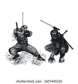 Ninja Characters Wearing Mask and Standing in Fighting Pose Isolated on White Background Vector Sketched Illustrations Set. Oriental Martial Art Concept