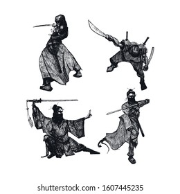 Ninja Characters Wearing Mask and Standing in Fighting Pose Isolated on White Background Vector Sketched Illustrations Set. Oriental Martial Art Concept