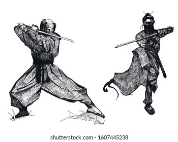 Ninja Characters Wearing Mask and Standing in Fighting Pose Isolated on White Background Vector Sketched Illustrations Set. Oriental Martial Art Concept