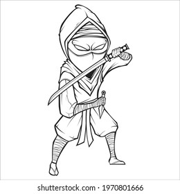 Ninja Chibi Katana Sword Vector Monocrome
