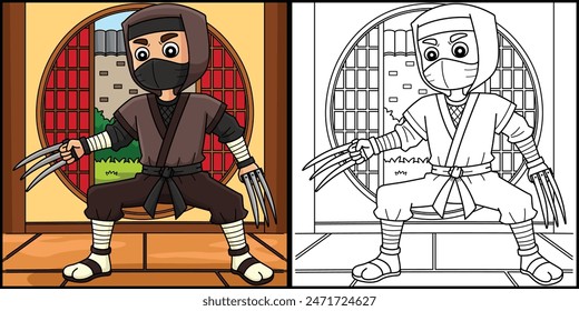 Ninja with Claws Coloring Colored Illustration